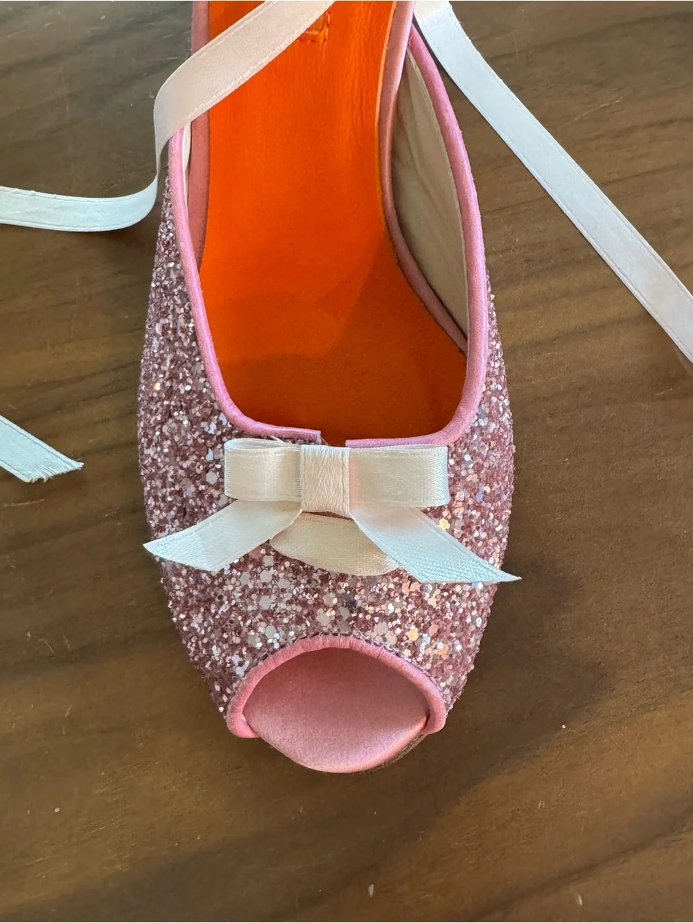 D. Lacquaniti Pink Glitter Peep Toe Lace-Up Ribbon Heels Size 37 / US 7
